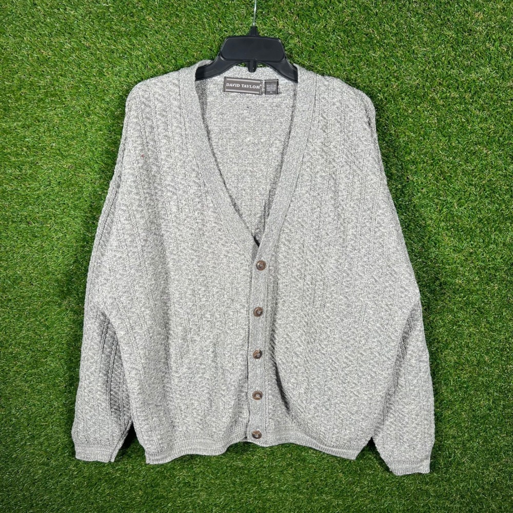 VTG David Taylor Mens Knit‎ Cardigan Sweater Light Gray Cable Button Front XL